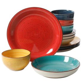 12-Piece Stoneware Dinnerware Set in Red Blue Green Yellow - Service for 4