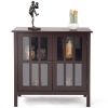 Brown Wood Sideboard Buffet Cabinet with Glass Panel Doors