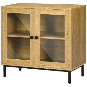 Modern Glass Door Sideboard Buffet Dining Storage Cabinet in Oak Wood Finish