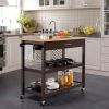 Dark Brown Kitchen Island Cart w/ Wood Top 2-Shelves Drawer and Locking Wheels